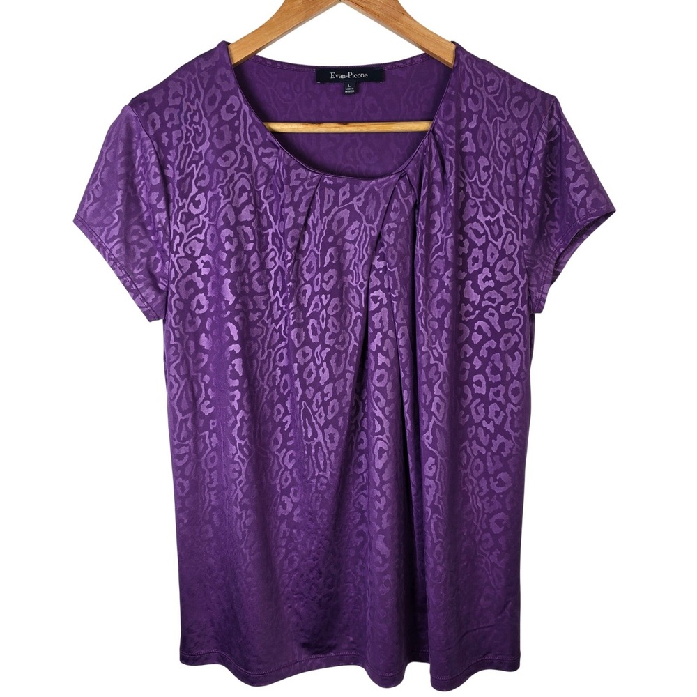 Evan Picone Purple Animal Print Top Womens L‎ Short Sleeve Blouse